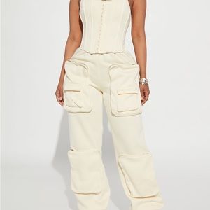 Cream Corset Top Cargo Pants Set